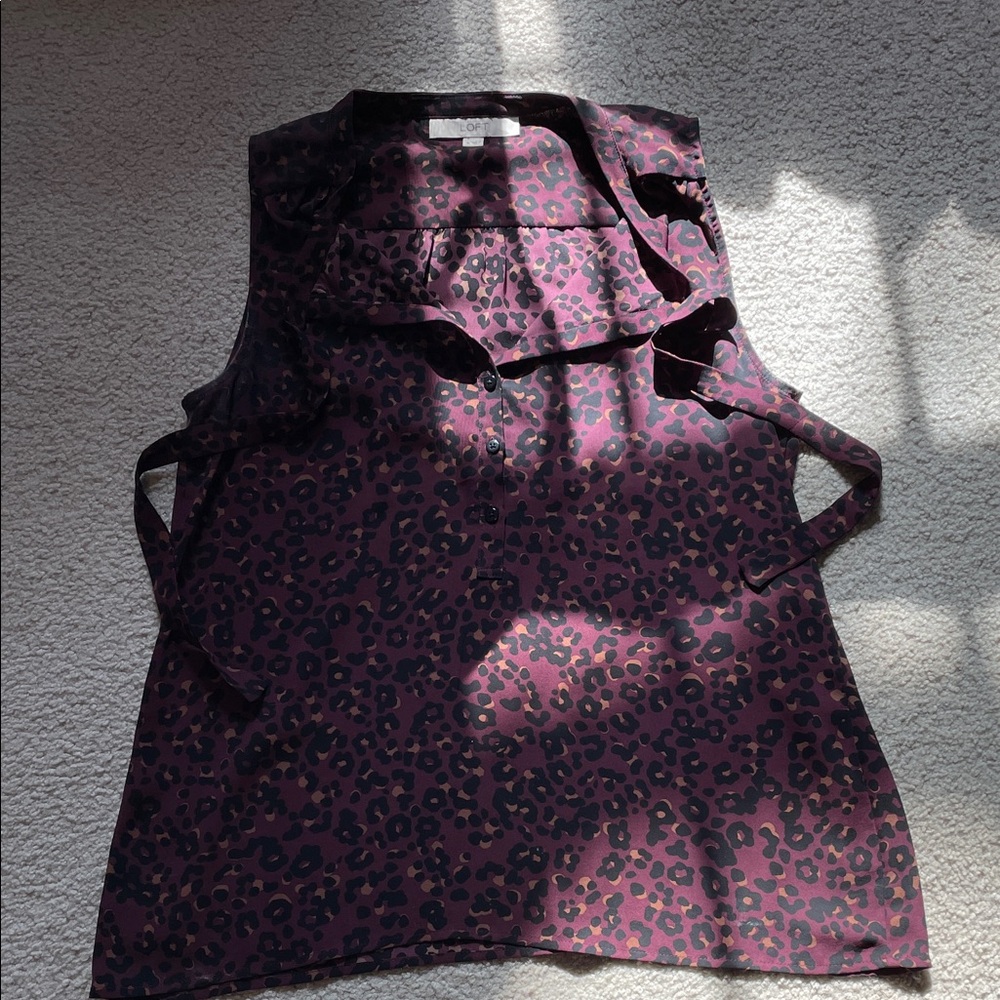 LOFT Purple Leopard Tie-Neck Sleeveless Blouse